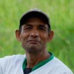 A farm worker standing with Brahman cattle in a green field on a sunny day.